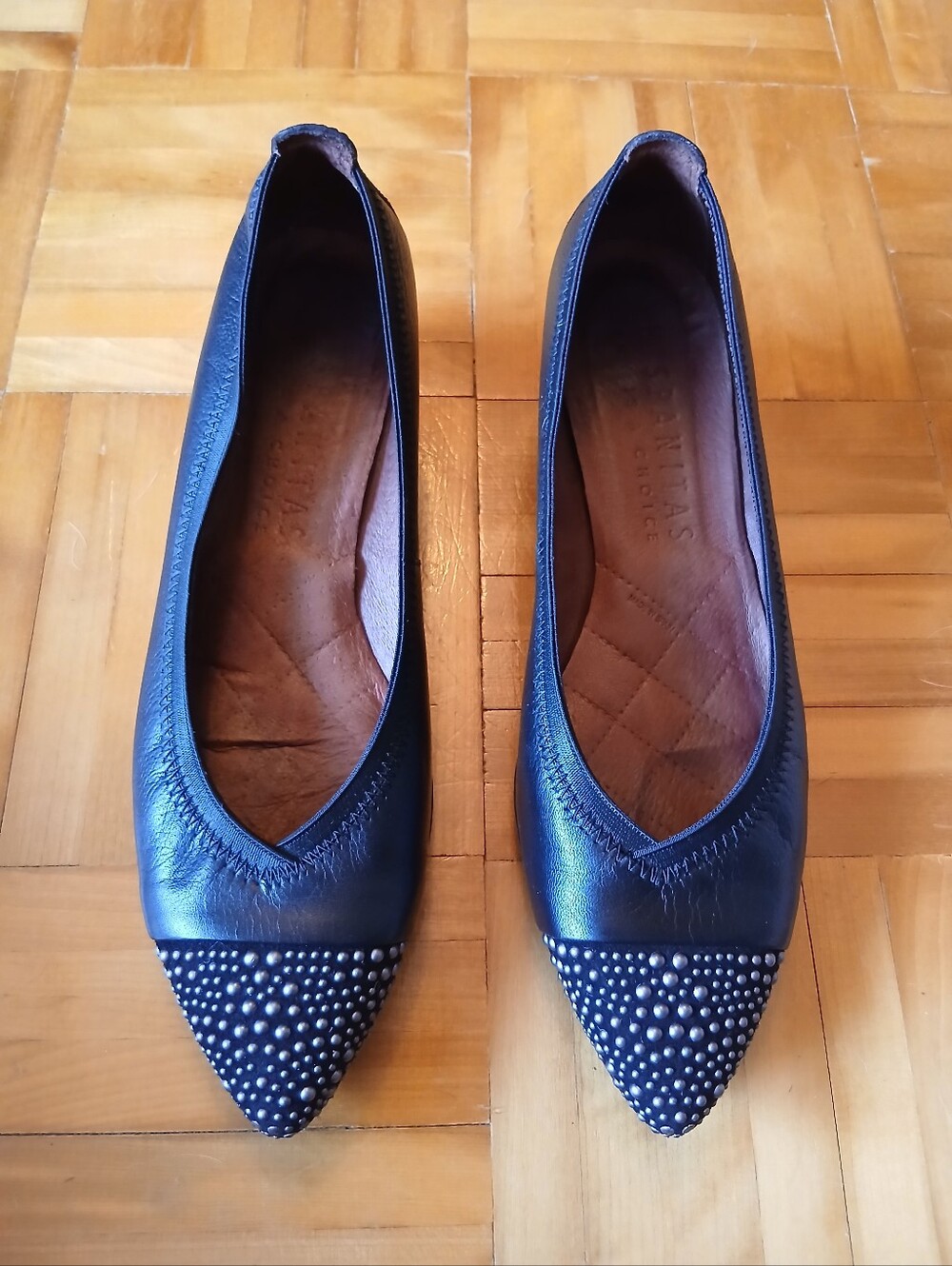 Hispanitas Women's Black Leather Low Heel Pump with Studded Toe